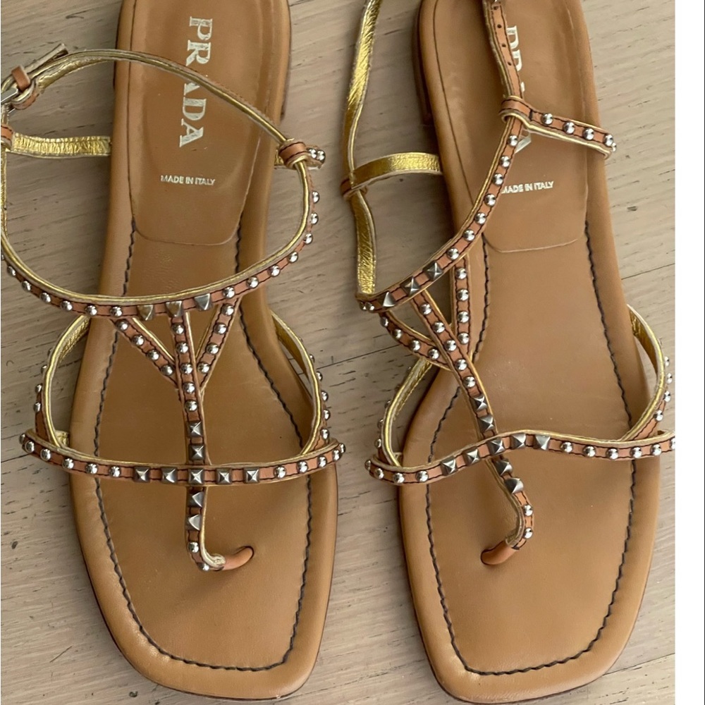 Prada luggage color Sandals 38 1/2. Gladiator style with silver grommets.